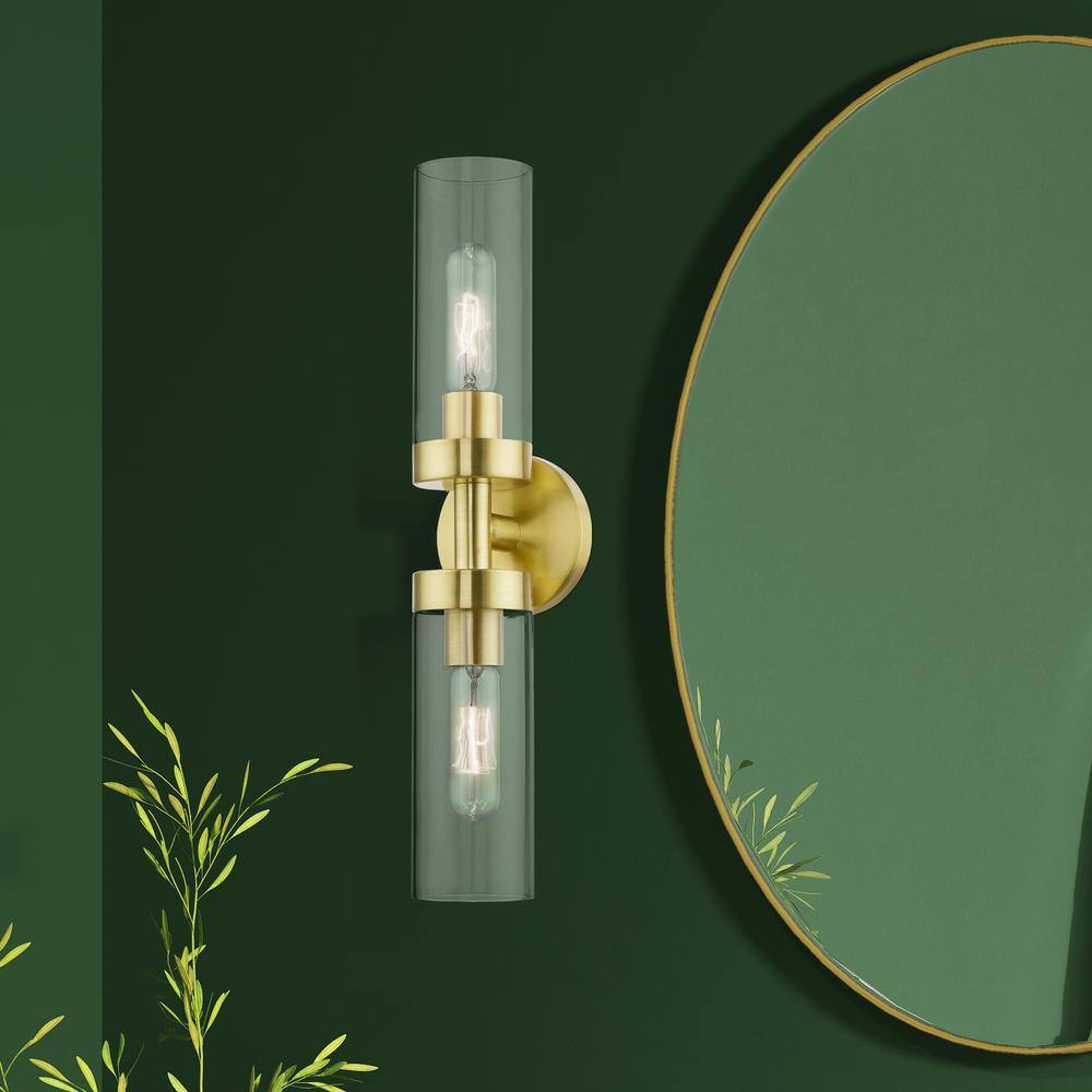 Ludlow Sleek Urban 2-Light Vanity Sconce in Satin Brass with Clear Glass