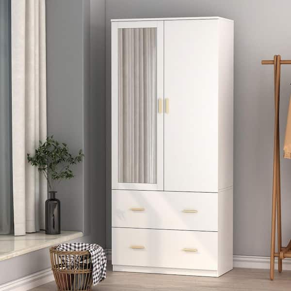 FUFU&GAGA 2-Drawers White Storage Cabinet with Mirror and 5-Shelves 31.5 in. L x 16.4 in. W x 72.0 in. H