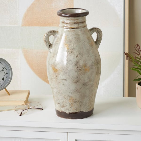 Litton Lane Cream Antique Amphora Ceramic Decorative Vase with Speckled Texturing and Yellow and Brown Accents