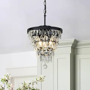 14in. 3-Lights Matte Black Glam Chandelier Pendant Ceiling Lighting with Hanging Teardrop Crystals