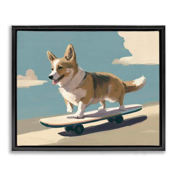 Stupell Industries Skateboarding Corgi Dog by Svetlana Aleynikova Black Floater Frame Animal Graphic Art Print 17 in. x 21 in.