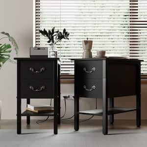 Nightstands Set with Drawers, Charging Station and USB Ports, Narrow End Tables for Bedroom, Living Room, Black Set of 2