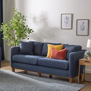 Kay 84 in. Navy Polyester 2-Cushion 3-Seater Track Arm Sofa with Wood Base