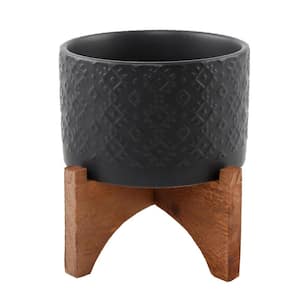 5 in. Matte Black Indian Ceramic Planter on Wood Stand Mid-Century Planter