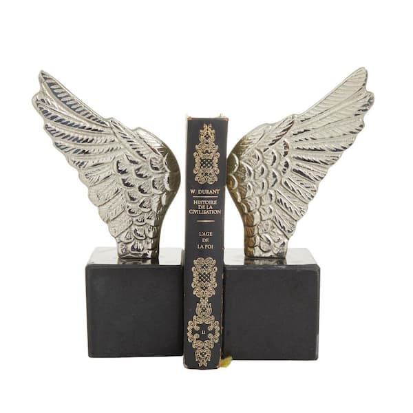 Litton Lane Silver Aluminum Wings Bird Bookends with Marble Base (Set of 2)