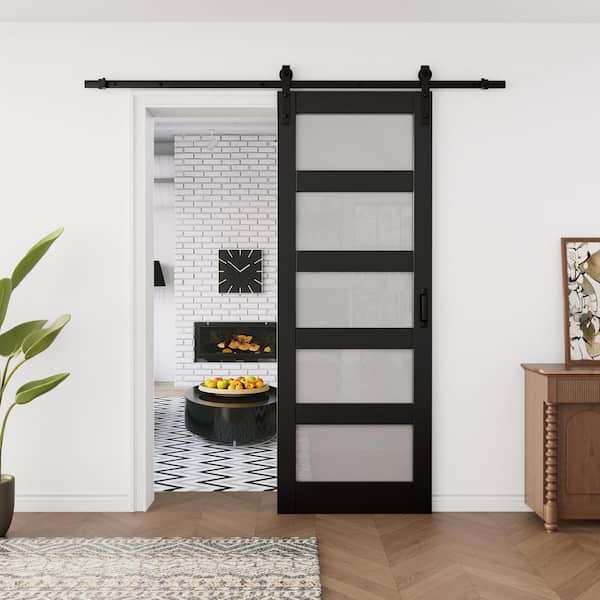30 in. x 84 in. 5-Lite Tempered Frosted Glass Black Finished MDF Sliding Barn Door with Hardware Kit and Soft Close