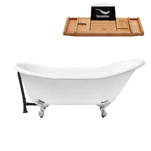 67 in. Cast Iron Clawfoot Non-Whirlpool Bathtub in Glossy White with Matte Black Drain and Polished Chrome Clawfeet