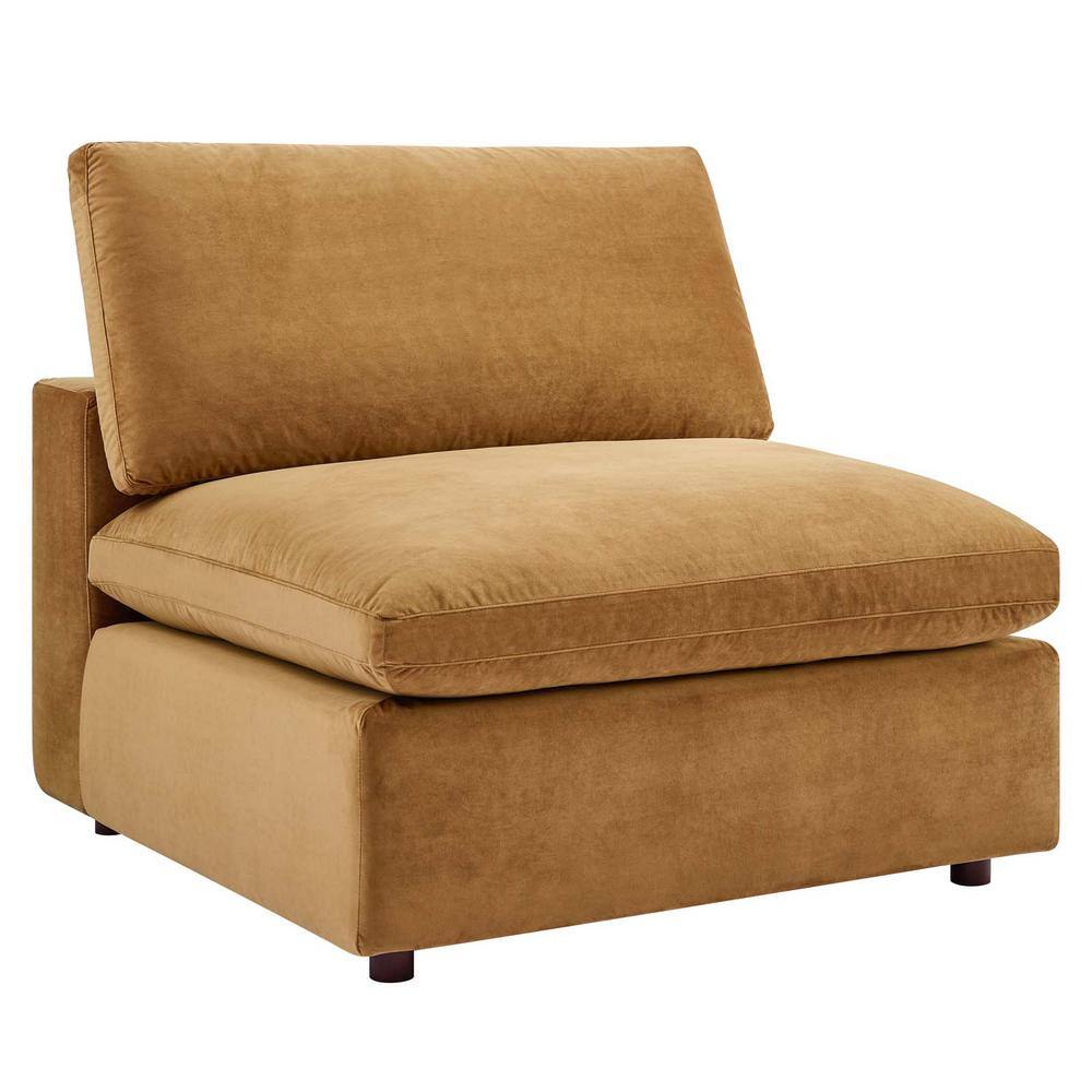 Cognac Velvet Armless Chair with Wood Frame