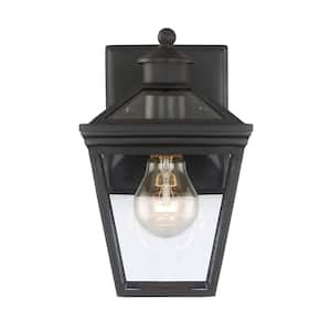 Ellijay 6 in. W x 9.75 in. H 1-Light English Bronze Hardwired Outdoor Wall Sconce with Clear Glass Shade