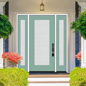 Legacy 64 in. x 80 in. Full Lite Rain Glass RHOS Primed Quarry Finish Fiberglass Prehung Front Door with Dbl 12 in. SL