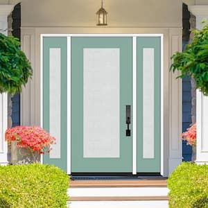 Legacy 68 in. x 80 in. Full Lite Rain Glass RHOS Primed Quarry Finish Fiberglass Prehung Front Door with Dbl 14 in. SL