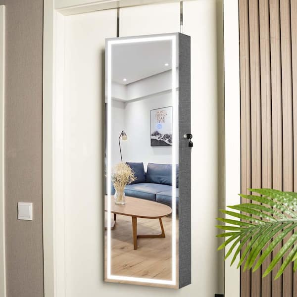 Gray 14.7 in. W x 42.52 in. H Rectangular Wood Framed Mirror with LED and Jewelry Storage