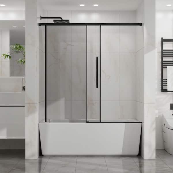 60 in. W x 58 in. H Sliding Tub Door in Matte Black with 1/4 in. Thick Tempered Clear Glass