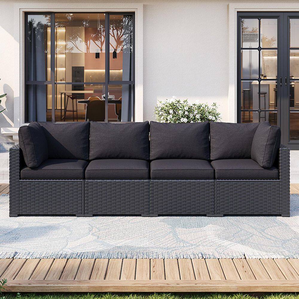 Black 4-Piece Wicker Rattan Patio Conversation Outdoor Sectional Set with Black Cushions price history on PriceWatchPro
