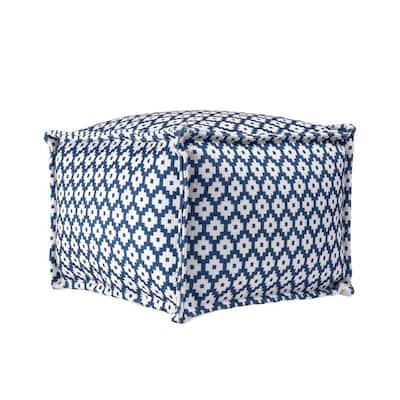 Oia Printed Indoor/Outdoor Filled Ottoman Blue Square Pouf