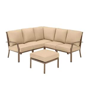 Geneva 6-Piece Brown Wicker Outdoor Patio Sectional Sofa Seating Set with Ottoman and Sunbrella Beige Tan Cushions