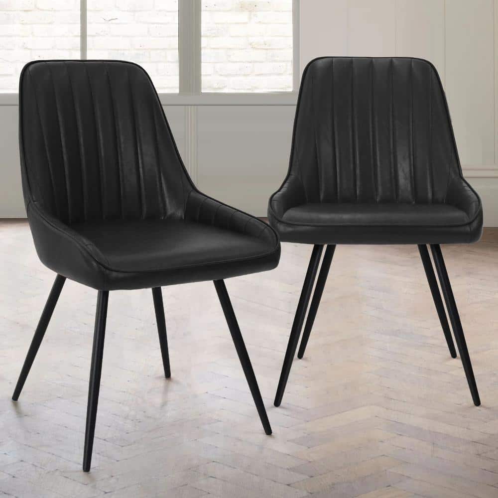 Boston Black Faux Leather Upholstered Side Chair Set with Metal Legs