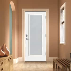 36 in. x 80 in. Left-Hand Full Lite Blanca Decorative Glass White Painted Fiberglass Prehung Front Door with Brickmould