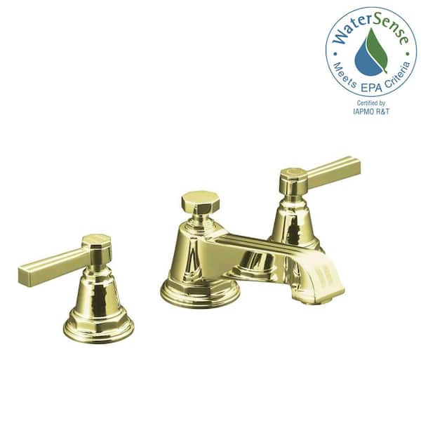 KOHLER Pinstripe 8 in. Widespread 2-Handle Low-Arc Water-Saving Bathroom Faucet in Vibrant French Gold with Lever Handles