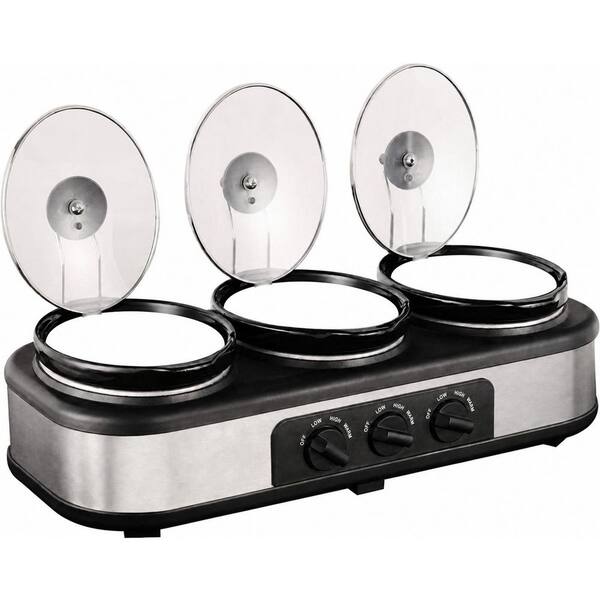 Triple Slow Cooker Buffet Server with 3 Removable 1.5-Qt Crocks, Glass Lids and Warm Setting, Black/Silver