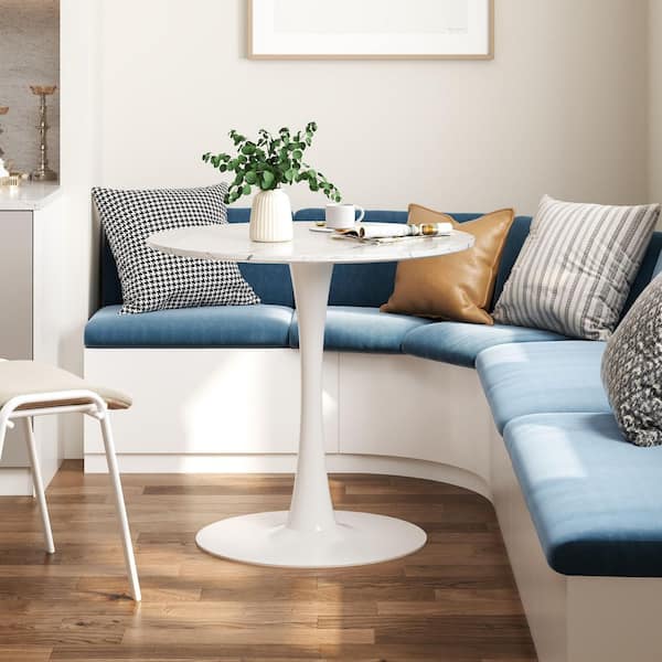 31.5 in. Round White MDF Artificial Marble Veneer Top with Strong Tulip Style Metal Pedestal Base (Sets 2-4)