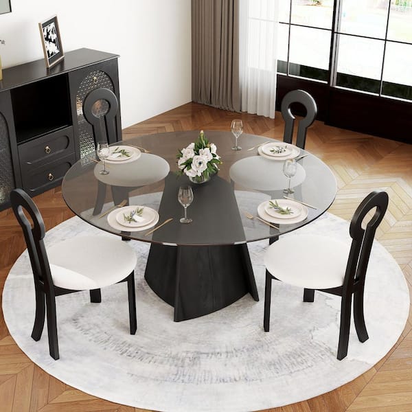 Magic Home Modern 59.05 in. Round Tempered Glass Tabletop Dining Table with Black Pedestal Base in Black (Seats 8)