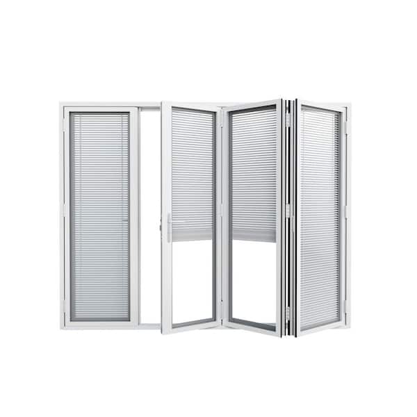 120 in. x 80 in. Right Swing/Outswing Double Tempered Glass White Louver Aluminum Folding Patio Door