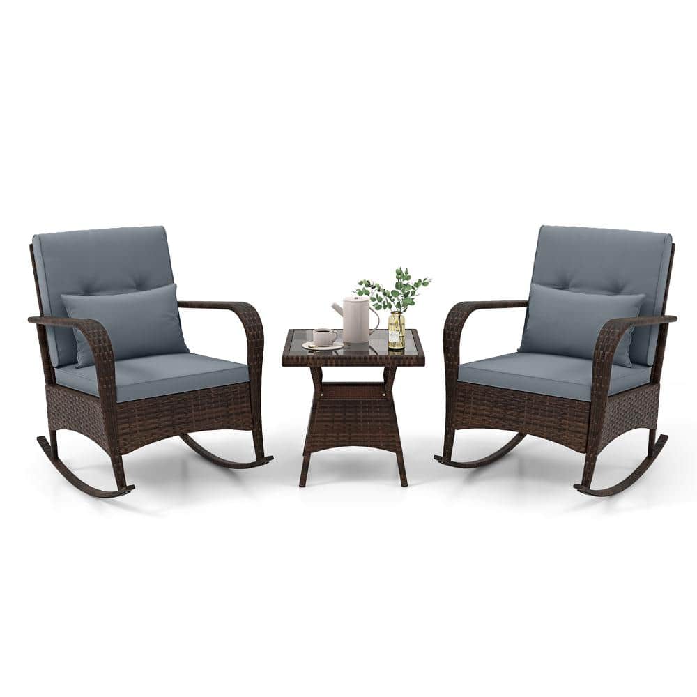3-Piece PE Rattan Patio Rocking Chair Set with Cushions, Lumbar Pillows and Glass Table, Gray price history on PriceWatchPro