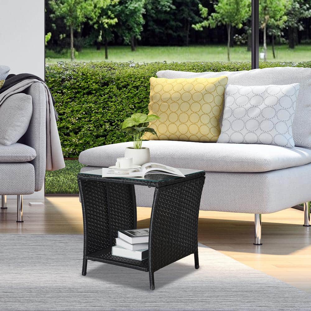Karl Black Wicker Square Outdoor Accent Table with Glass Top