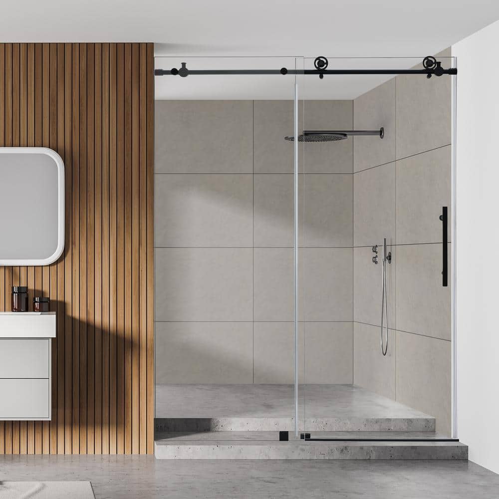 60'' Matte Black Frameless Sliding Shower Door with Clear Tempered Glass
