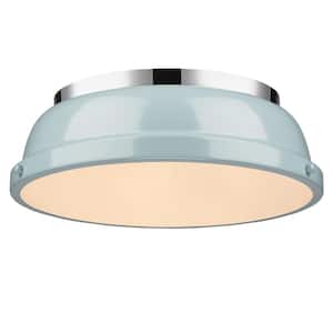 Duncan 14 in. 2-Light Chrome Flush Mount with Seafoam Shade