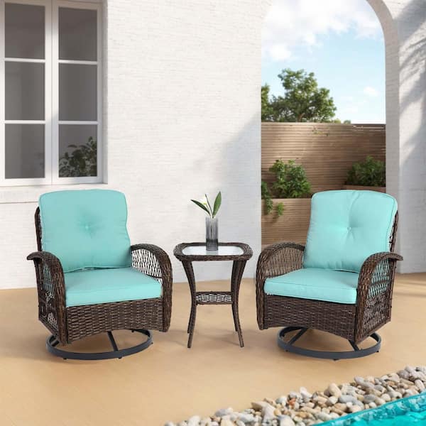 Tenleaf 3-Piece Wicker Swivel Rocker Outdoor Bistro Set with Blue Cushions, Glass Coffee Table