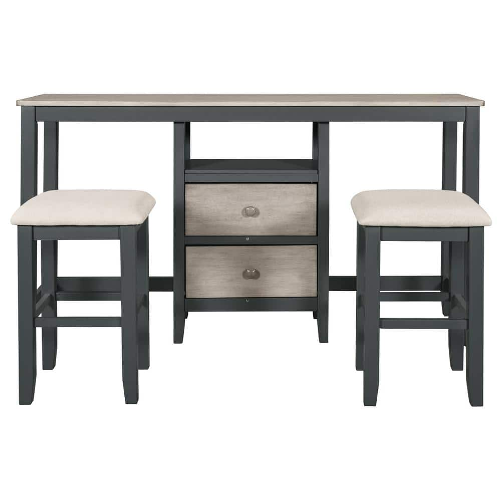 3 -Piece Gray Solid Wood Outdoor Dining Table Set with Cabinet, 2 ...