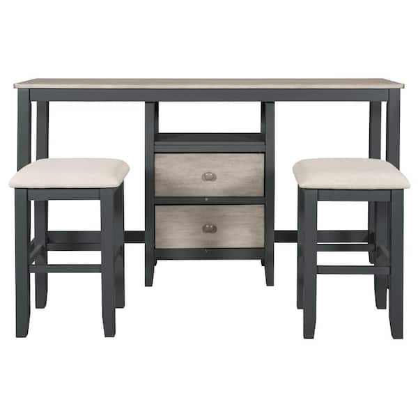 Unbranded 3 -Piece Gray Solid Wood Outdoor Dining Table Set with Cabinet, 2 Storage Drawers and 2 Stools for Small Places