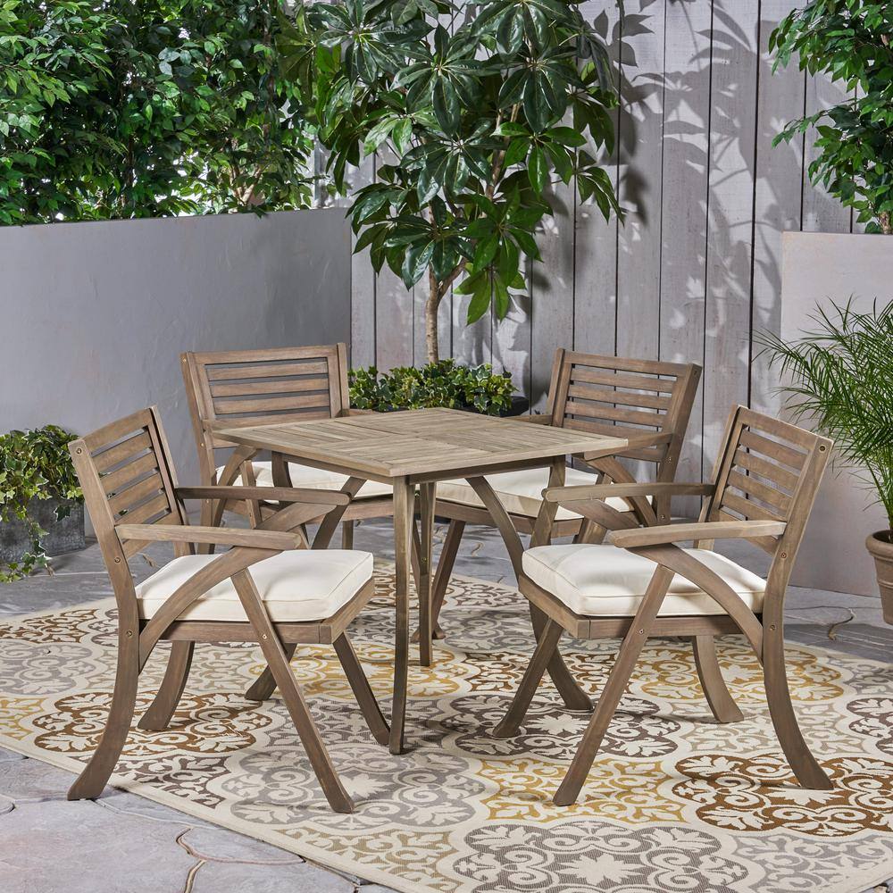 Hermosa Grey 5-Piece Acacia Wood Square Table Outdoor Dining Set with Cream Cushions -  Noble House, 53335