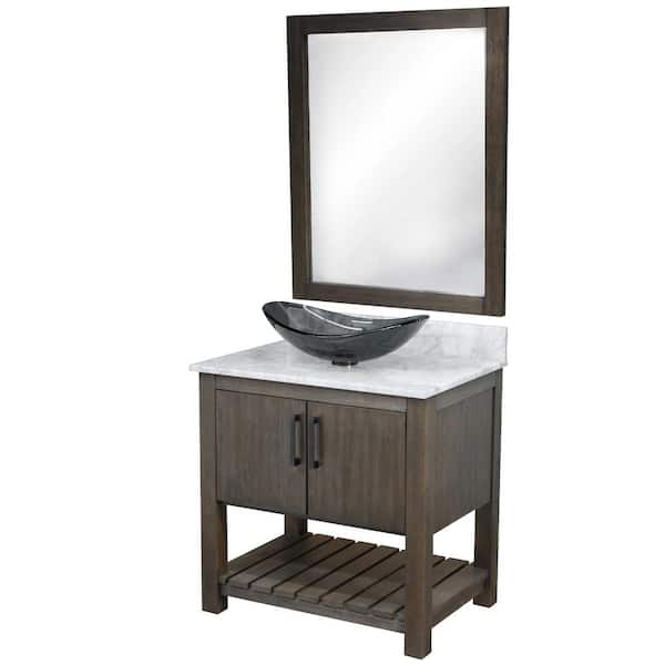 Ocean Breeze 31 in. W x 22 in. D x 31 in. H 1-Slate Grey Sink MB Bath Vanity in Cafe Mocha w/ White Carrara Top, Mirror