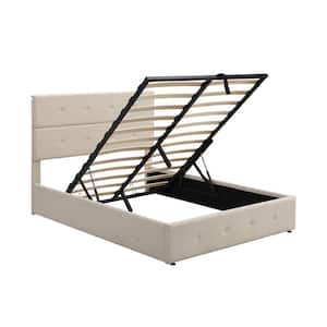 Beige Full 57 in. W Upholstered Platform Bed with Gas Lift Up Storage Metal Platform Bed Frame with Wood Support Slats