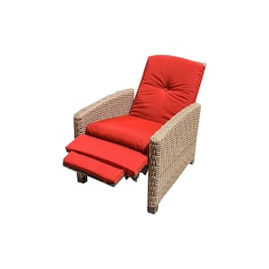All-Weather Brown Wicker Outdoor Recliner with Red Cushion