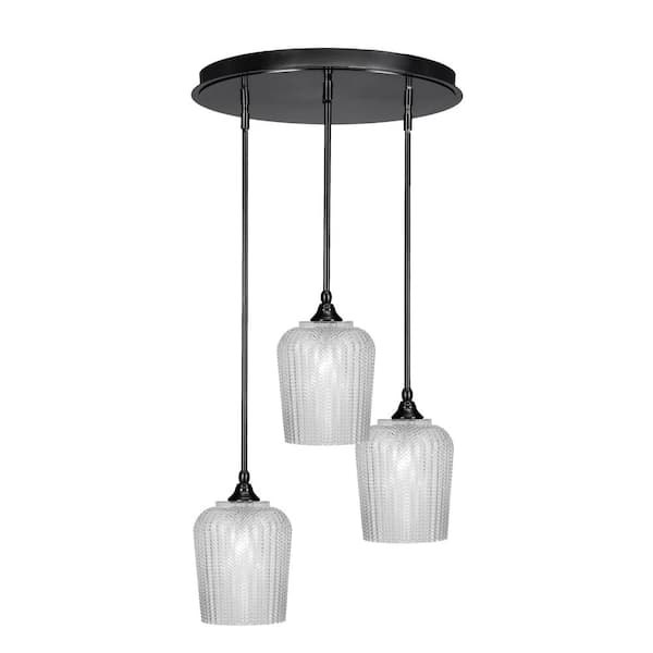 Unbranded Villa 3 Light Matte Black Pendant, Cluster Pendant Light with 9 in. Clear Textured Glass Shades, No bulb Included