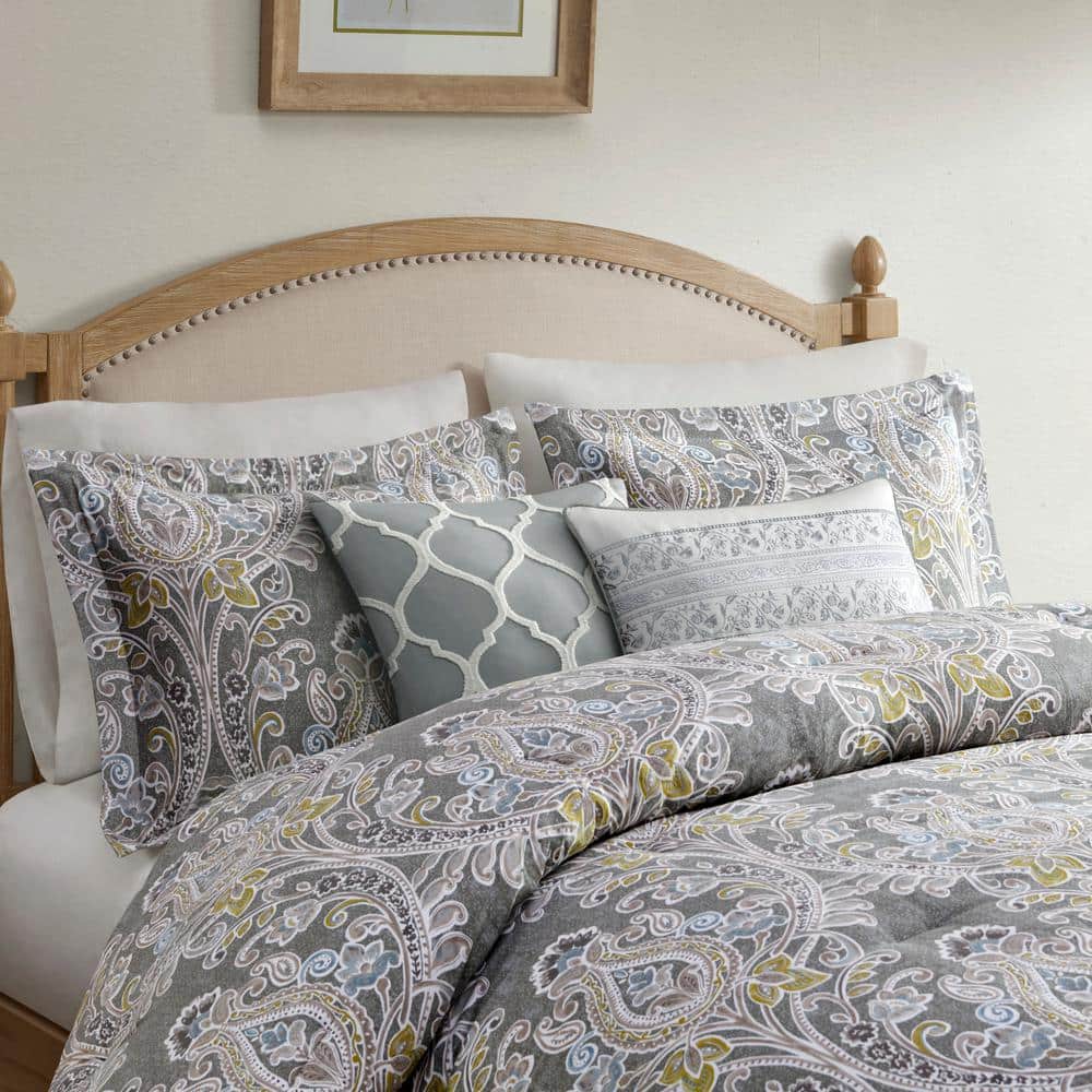 Hallie Damask Grey & Blue Queen Cotton Comforter 6-Piece Set