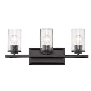 Mercer 3-Light Bath Vanity in Matte Black with Matte Black Accents and Seeded Glass