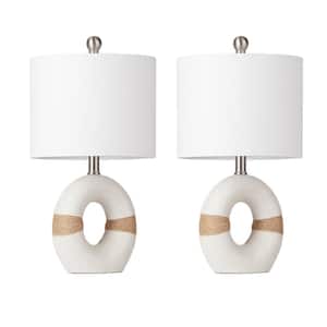 18 in. White Resin Table Lamp Set with White Linen Lampshade and Rotary Switch (Set of 2)