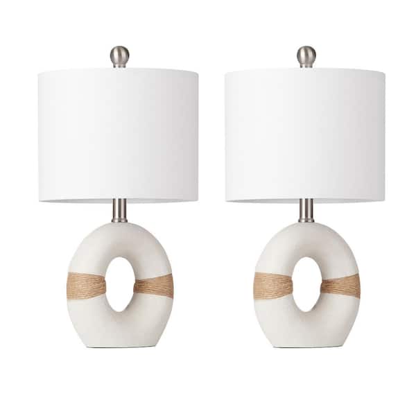 Cinkeda 18 in. White Resin Table Lamp Set with White Linen Lampshade and Rotary Switch (Set of 2)