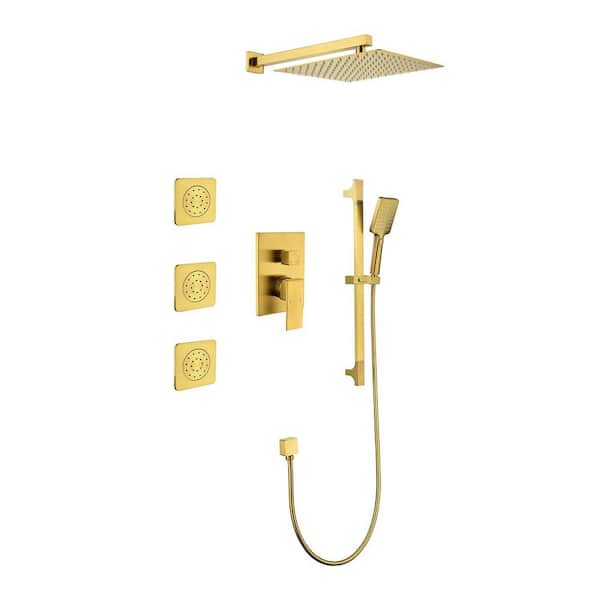 YONKI SUNSHIN INC Full Body Waterfall Shower System 2-Spray Wall Bar Shower Kit with Hand Shower in Brushed Gold 3 Body Shower Head