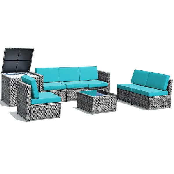 8-Piece Wicker Outdoor Sectional Set with Turquoise Cushions