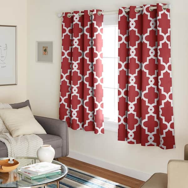 Ironwork Burgundy Woven Trellis 52 in. W x 63 in. L Noise Cancelling Thermal Grommet Blackout Curtain (Set of 2)