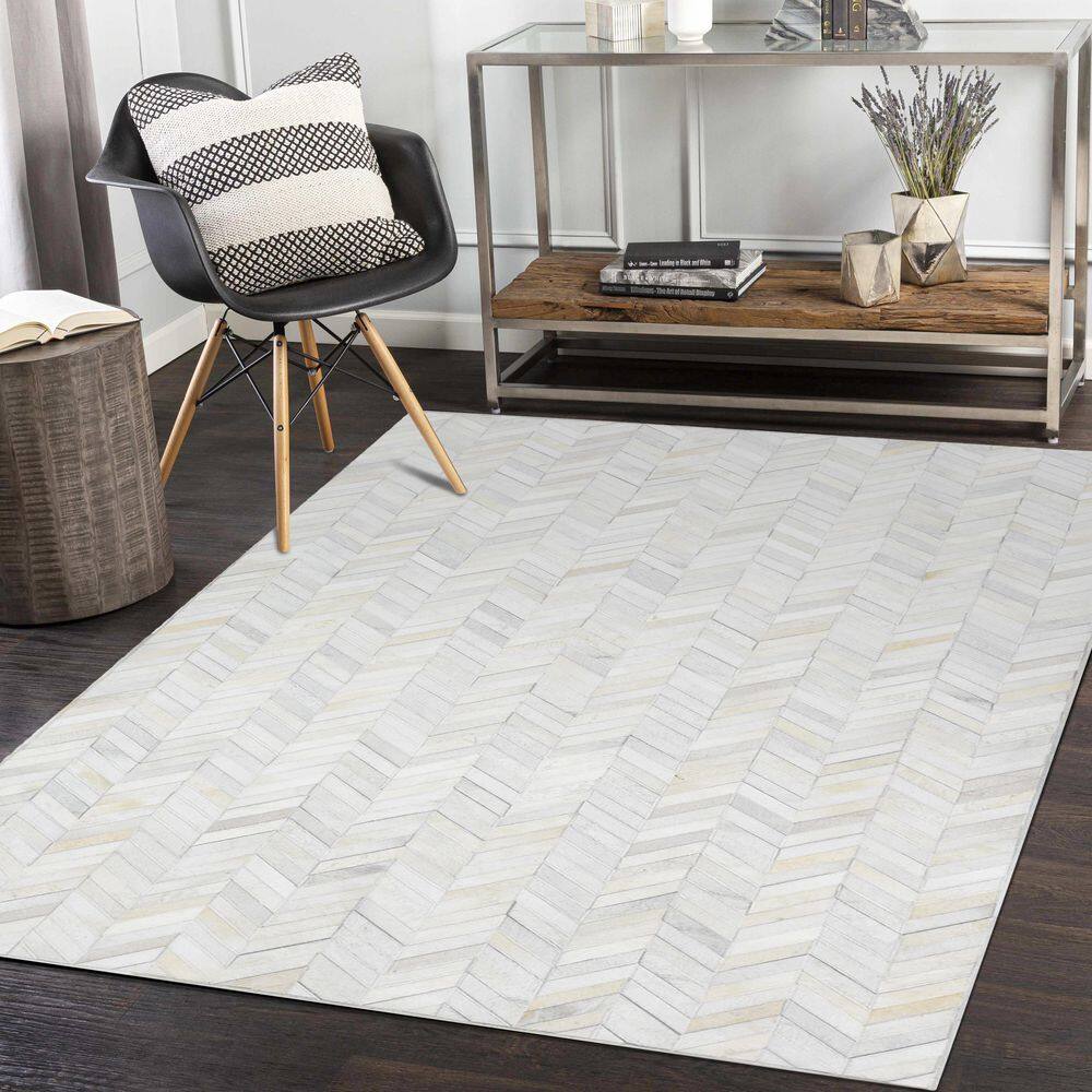 Meir Handmade Ivory Wool & Cowhide Geometric 8' x 10' Rug