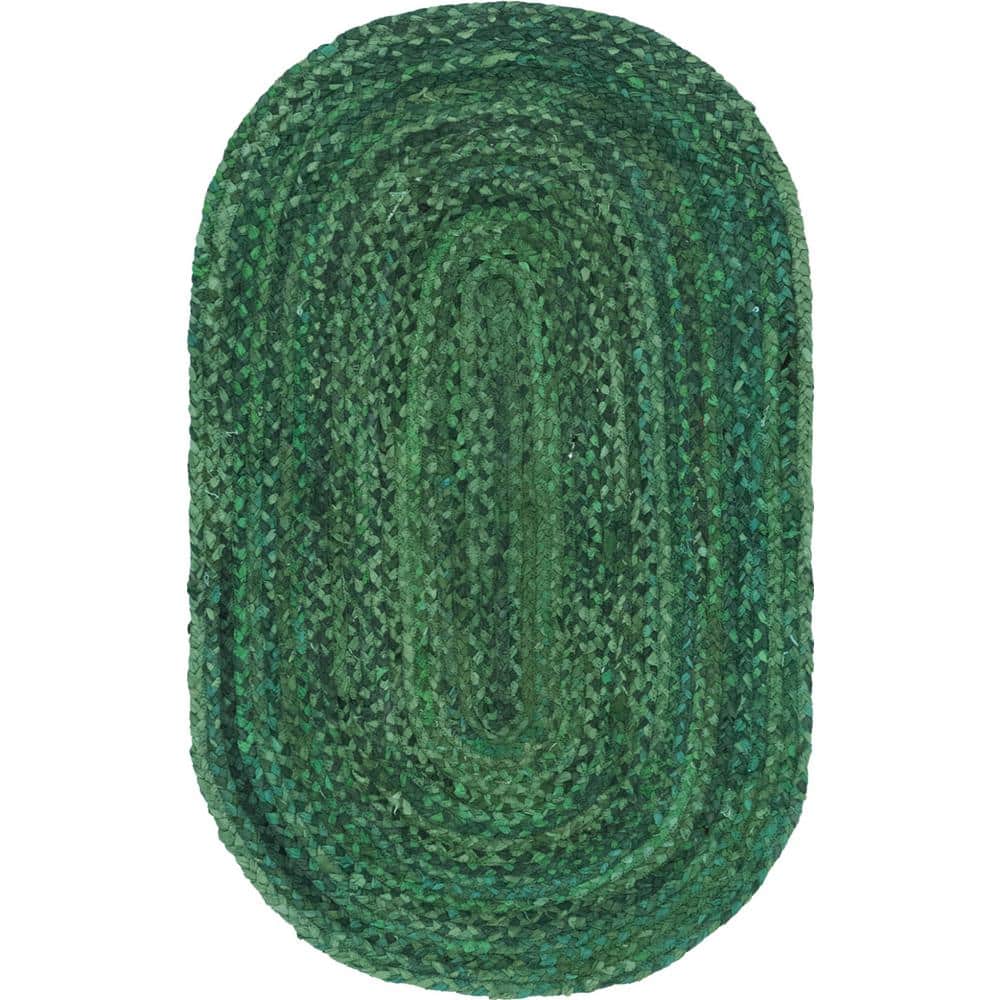 Handmade Eco-Conscious Braided Cotton 3x5 Oval Rug in Green and Turquoise
