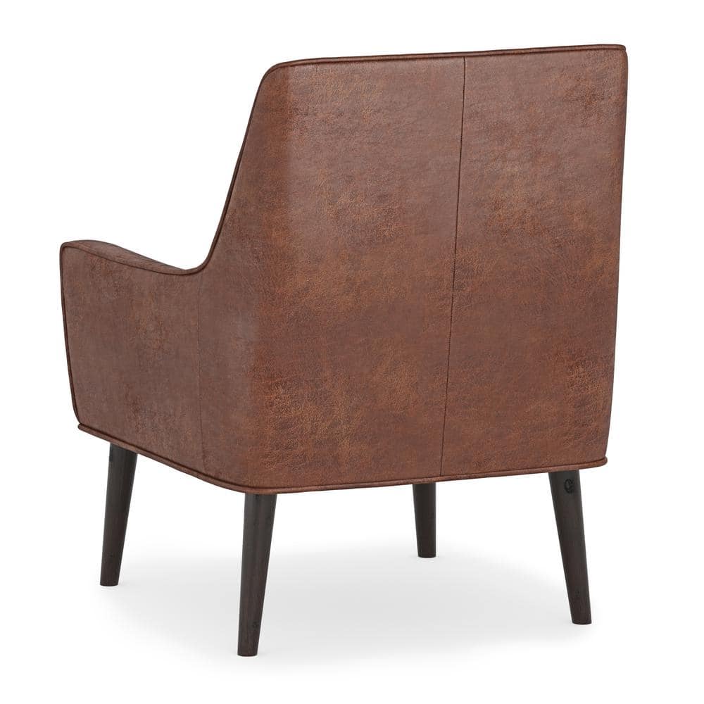 Distressed Saddle Brown Faux Leather Accent Chair with Wood Legs