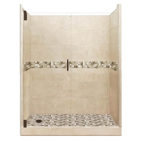 American Bath Factory Tuscany Grand Hinged 32 in. x 60 in. x 80 in. Left Drain Alcove Shower Kit in Brown Sugar and Old Bronze Hardware